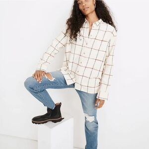 Madewell Cream Plaid Oversized Flannel Button-Down Shirt In Windowpane Stripe
